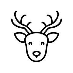 A simple line drawing of a deer head with antlers and a cute face on a white background design art