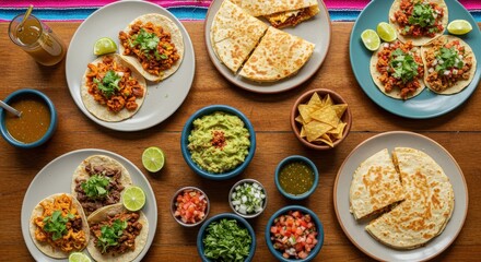 Fototapeta premium Plates with tacos, guacamole, quesadilla, pico de gallo, limes, spicy sauces, colorful textiles, wooden table, top-down shot.