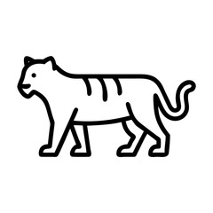 Illustration of a tiger standing with black outlines and stripes on its body in a simple design
