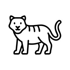 Illustration of a tiger with black outlines standing viewed from the side with a curly tail, isolated 100