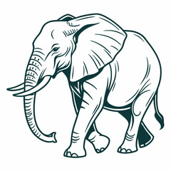 Line art depiction of a walking african elephant with detailed features and prominent tusks design is bold