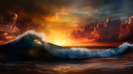 Fototapeta premium Dramatic Ocean Sunset Wave Crashing at Golden Hour.