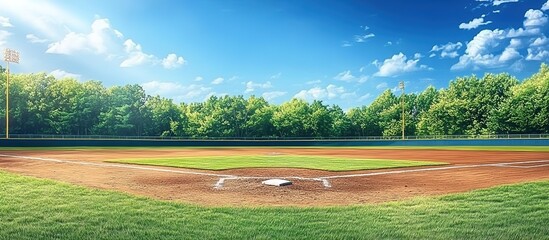 Baseball field under clear sky: Emerald grass outfield meeting reddish-brown clay infield with white bases, surrounded by pine trees and distant mountains under midday sun.