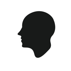 Black silhouette of a human head in profile view on a white background. Perfect for concepts like identity, psychology, thinking, user, and personal profile icons.
