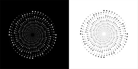 Modern abstract background. Halftone dots in circle form. Sun concept. Vector dotted frame. Design element or icon. Black shape on a white background and the same white shape on the black side.