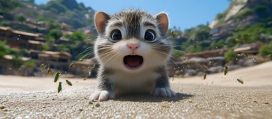 Surprised Kitten on Beach with Bugs Animated Character Close Up