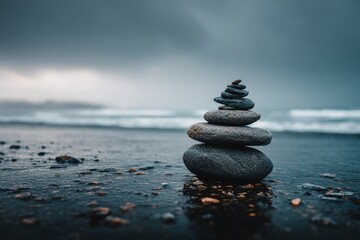 A serene stone cairn on a dark beach under a moody sky, symbolizing balance and peace, while waves gently crash in the background, creating a tranquil scene.