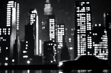 Silhouette of a car at the bottom of the frame against a black-and-white city nightscape, towering skyscrapers with glowing windows creating stark contrast