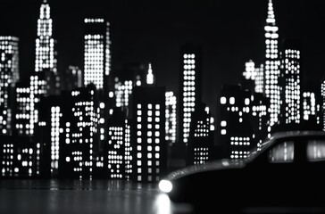 Silhouette of a car at the bottom of the frame against a black-and-white city nightscape, towering skyscrapers with glowing windows creating stark contrast