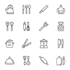 A set of kitchen utensils and appliances