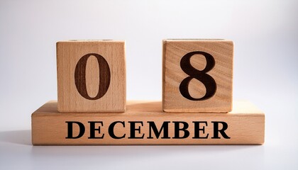Minimalist photo of wooden blocks with date 8 December. Day and month, calendar on white background