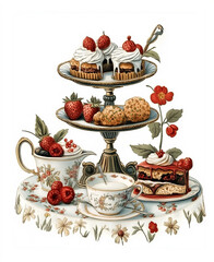 Vintage Victorian-style themes illustration Tea Catering sets , on a white background, very detailed with vintage colors