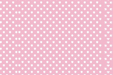 Pink background with white heart shaped polka dots evenly spaced across the surface