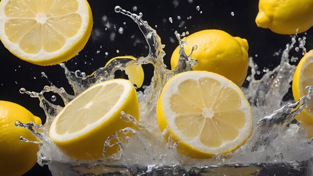 Lemons splashing in water with droplets creating a refreshing and dynamic composition