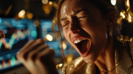 Excited Woman Celebrating Success in Front of Stock Market Screens