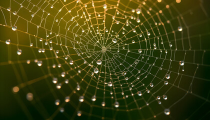 Naklejka premium Dew Drops On Spiderweb At Golden Hour