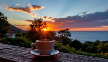 Sunset Coffee Indulgence A tranquil setting with a cup of coffee at sunset, casting beautiful shadows and warm colors.