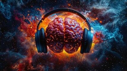 Brain with headphones in fiery cosmic nebula