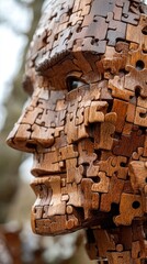 A detailed close-up of a wood puzzle sculpture depicting the face and head of a person