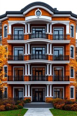 Fototapeta premium Ornate multi-story building facade with balconies and autumnal foliage. Features classical architectural details and a rich terracotta exterior