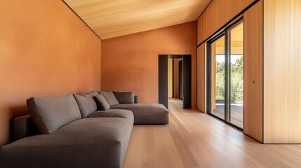 Fototapeta premium Modern interior of a cozy living room featuring a gray sofa and wooden accents, with large windows