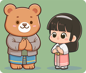 Sawasdee Hello thailand girl and cute Bear traditional  the land of smile