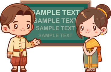 A cartoon of a boy in Thai costume presenting information on a blackboard with a girl in Thai costume standing beside him.