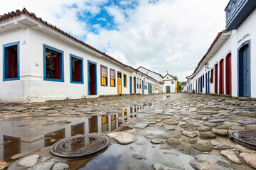 Paraty cobblestone streets and houses with colorful doors of the historic center in Paraty, Rio de Janeiro, Brazil. UNESCO World Heritage Site on the Brazilian Coast