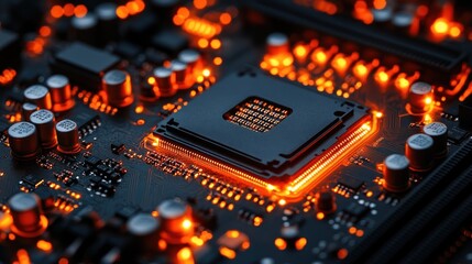 Close-up of illuminated CPU on motherboard, showcasing intricate circuitry and glowing components. High-tech digital technology.