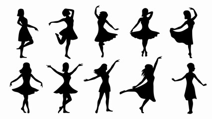 set of women dancing silhouette vector on white background