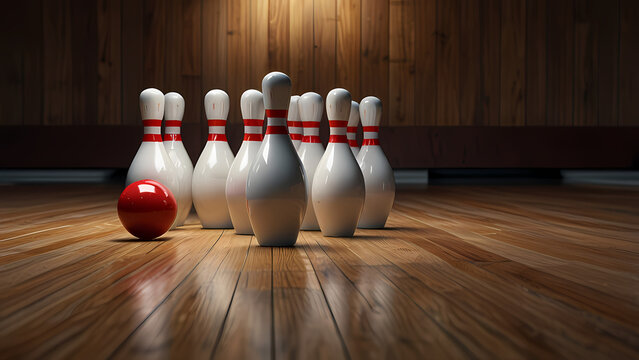 Neatly Aligned Bowling Pins on Polished Lane

