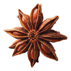 Star anise spice, aromatic brown star-shaped seed pod, commonly used in cooking, decorative culinary element. Isolated on white background or PNG