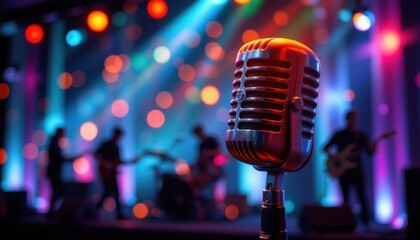 Jazz Night An artistic rendering of a microphone with an elegant, jazzy background featuring silhouettes of musicians and colorful lights.