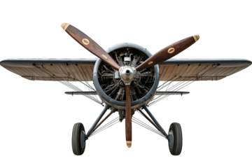 Classic biplane featuring detailed propeller and engine with small wheels on transparent background