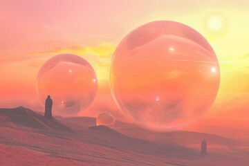 Surreal desert landscape with figures and giant floating orbs at sunset