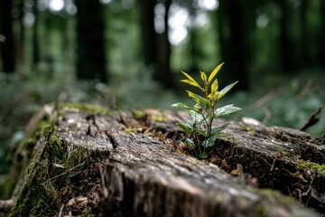 Obraz premium A small seedling is growing on a rotten stump, contrasting new life with old decay, symbolizing resilience and nature's enduring cycle in a serene forest scene.
