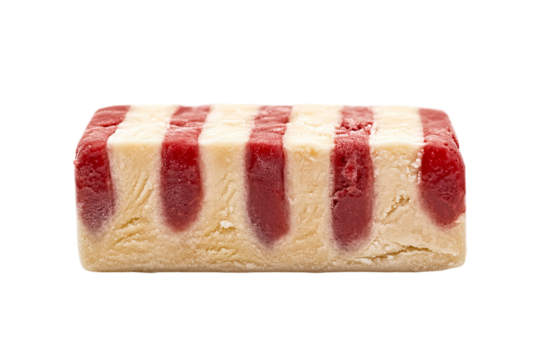 Rectangular dessert with vertical red stripes, light beige background. Sweet treat on a transparent background
