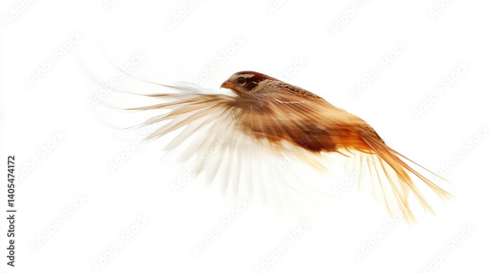 Poster sparrow soaring gracefully through the air with wings blurred in motion against a clear white backdr