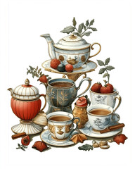 Vintage Victorian-style themes illustration Catering tea sets , on a white background, very detailed with vintage colors