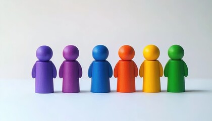 wooden peg dolls painted in purple, orange, blue, and green, standing in a row on white background, even lighting and teardrop-shaped minimalistic design.