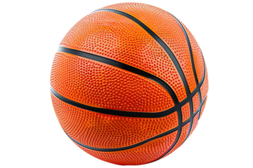 Basketball isolated on a transparent background. Orange and black with distinct ridges and texture. Full frame, high-resolution