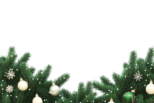 Bottom border of pine branches adorned with ornaments and lights against transparent background. Festive winter scene