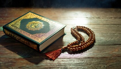 Quran with prayer beads on wooden table in serene minimalist setting with morning light