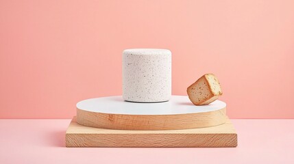 Simple, minimalist presentation of a cylinder and a cube-shaped food item on a wooden and white podium against a pink backdrop