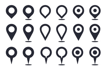 Set of black map pin icons. Black location pin icons. Map pointer markers. Destination and location symbol collection