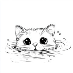 Fototapeta premium simple black and white line art illustration of a cute cat swimming drawn by a kid aged 3 to 6, featuring thick outline