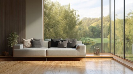 Serene living room with light beige couch overlooking a tranquil landscape.