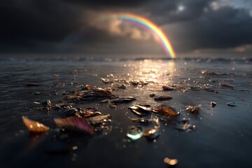 Fototapeta premium Rainbow arches over a dark, tranquil sea with colorful shells scattering the shallows, capturing the mysterious beauty of coastal nature under an ominous sky.