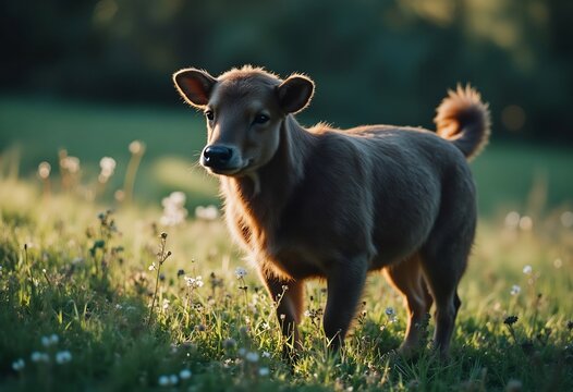 Calf in Golden Light: A curious calf, bathed in the warm glow of the late afternoon sun, stands gracefully amidst a field of lush green grass and wildflowers.
