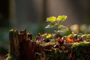 A tiny tree grows on an old mossy stump, the beginning of a new forest life, showing the resilience and beauty of nature, in a tranquil forest environment.